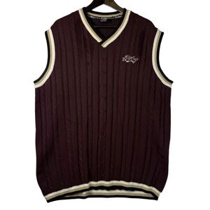Vintage FUBU Sports Sweater Vest Mens XL Burgundy Cable Knit Striped V-Neck 90s